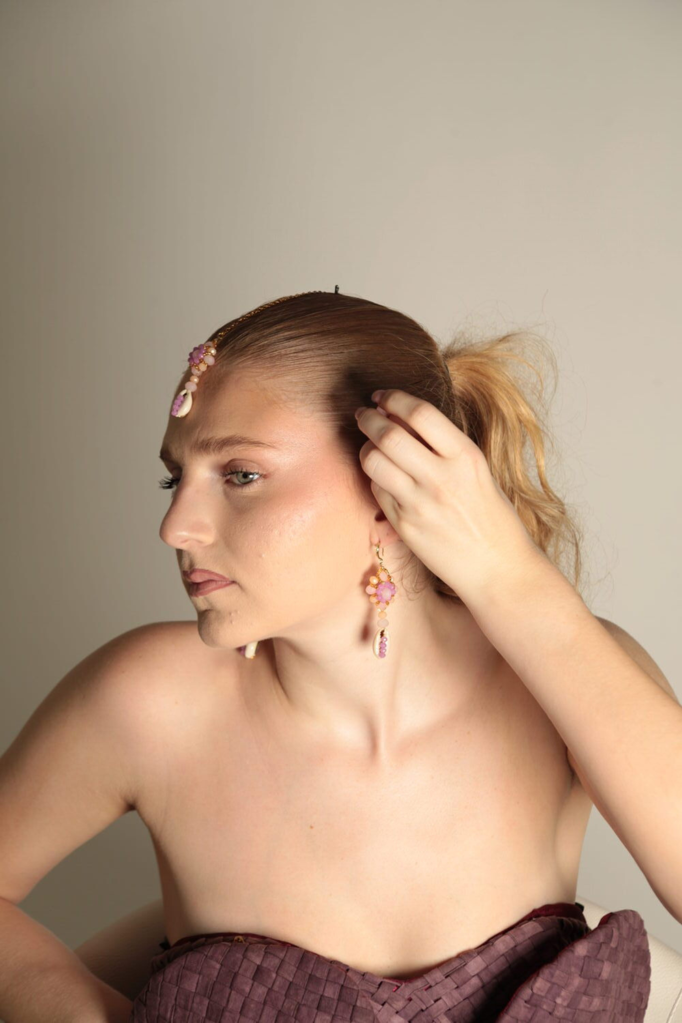 Indila – Bijou de tête & boucles d'oreilles assorti - rose